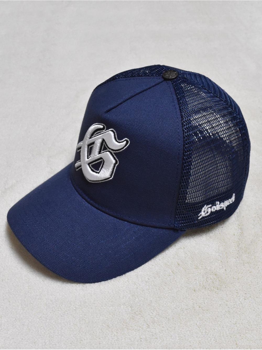 Gray-Brim Trucker Cap with Gold Embroidered Script